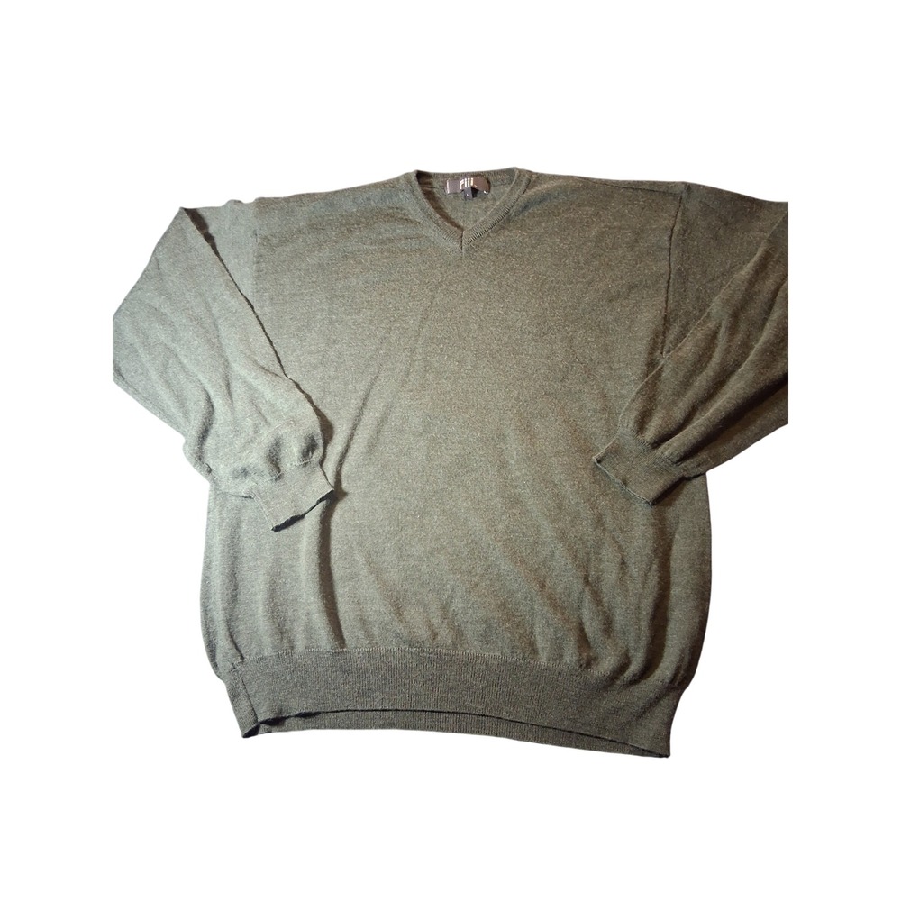 Fiji Mens V-Neck Wool Blend Sweater Large Green Made in Italy Knit Pullover